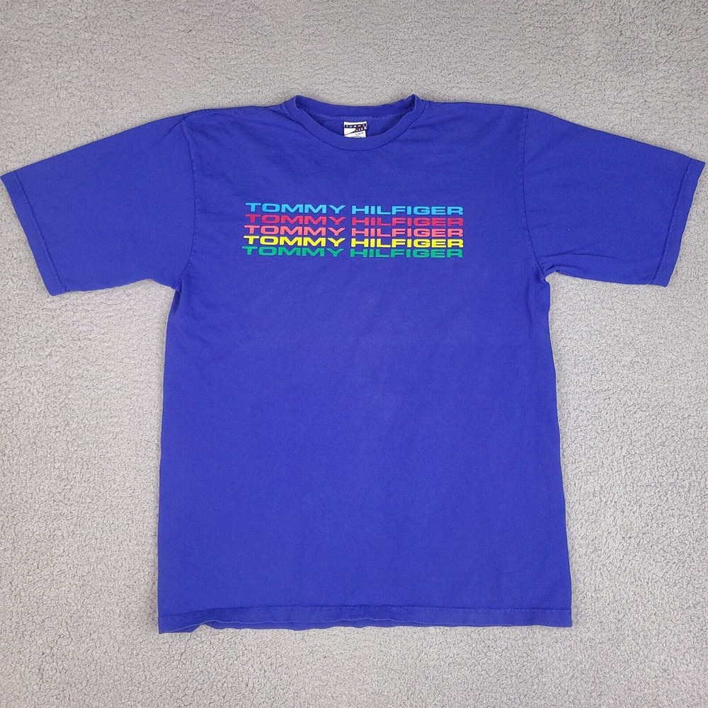 Vintage Tommy Hilfiger T-Shirt Adult XL Blue Made in USA Colorful Spell Out
